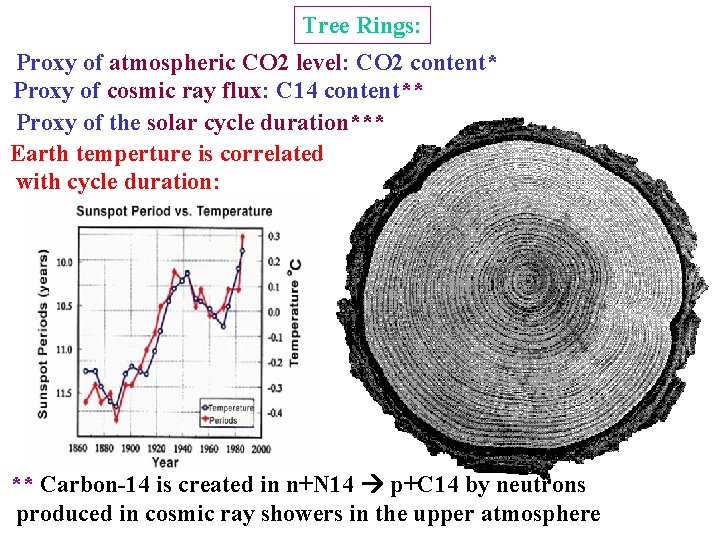 Tree Rings: Proxy of atmospheric CO 2 level: CO 2 content* Proxy of cosmic