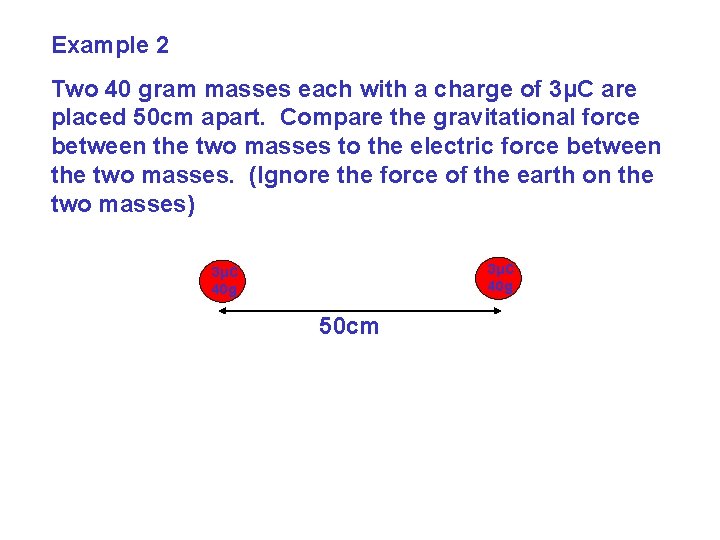 Example 2 Two 40 gram masses each with a charge of 3μC are placed