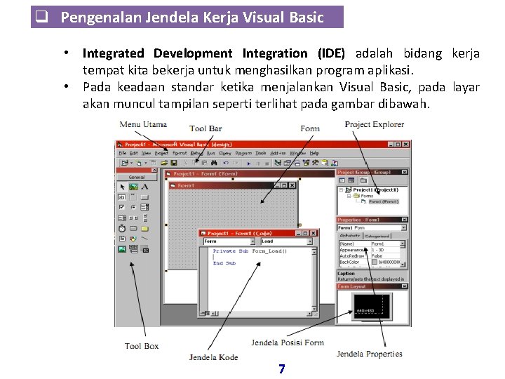 q Pengenalan Jendela Kerja Visual Basic • Integrated Development Integration (IDE) adalah bidang kerja q Pengenalan Jendela Kerja Visual Basic • Integrated Development Integration (IDE) adalah bidang kerja