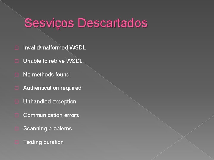 Sesviços Descartados � Invalid/malformed WSDL � Unable to retrive WSDL � No methods found