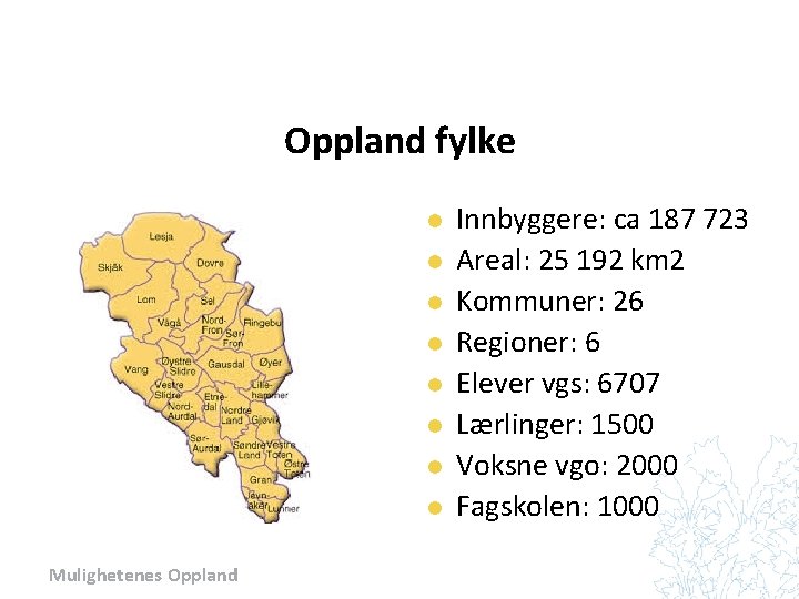 Oppland fylke l l l l Mulighetenes Oppland Innbyggere: ca 187 723 Areal: 25