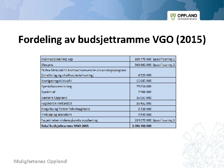 Fordeling av budsjettramme VGO (2015) Mulighetenes Oppland 