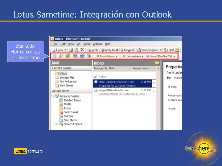 Lotus Sametime: Integración con Outlook Barra de Herramientas de Sametime 