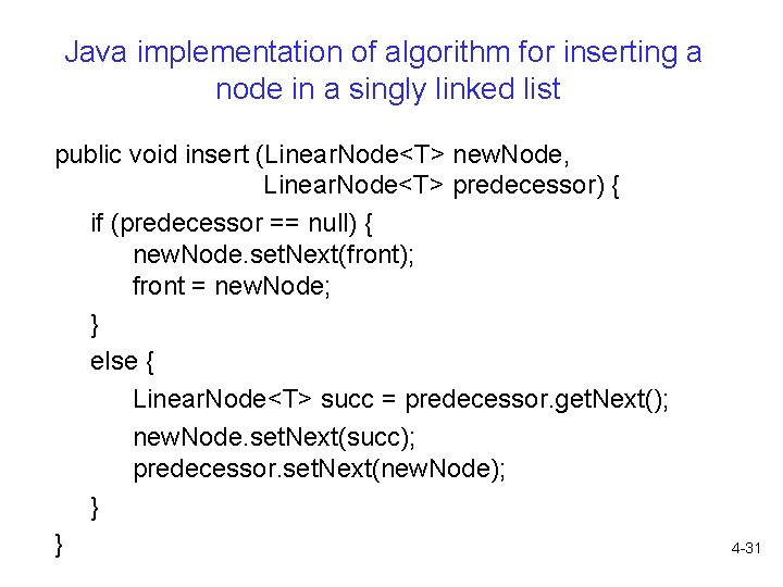 Java implementation of algorithm for inserting a node in a singly linked list public