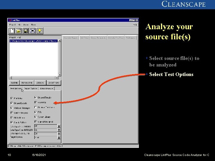 Analyze your source file(s) s Select source file(s) to be analyzed s Select Test
