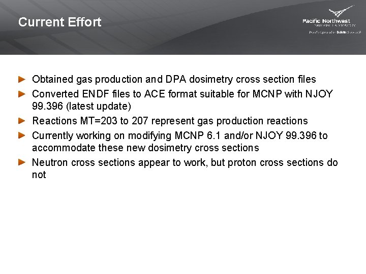 Current Effort Obtained gas production and DPA dosimetry cross section files Converted ENDF files