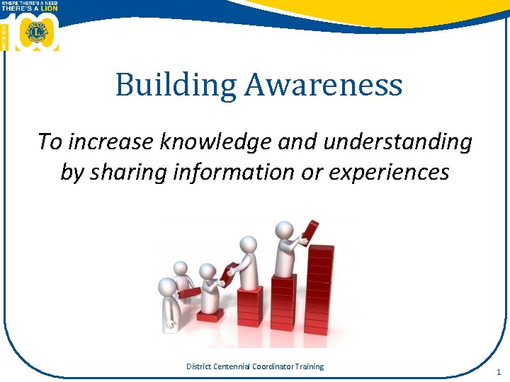 Building Awareness To increase knowledge and understanding by sharing information or experiences District Centennial