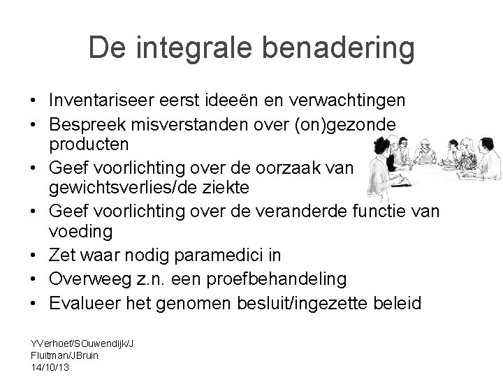 De integrale benadering • Inventariseer eerst ideeën en verwachtingen • Bespreek misverstanden over (on)gezonde