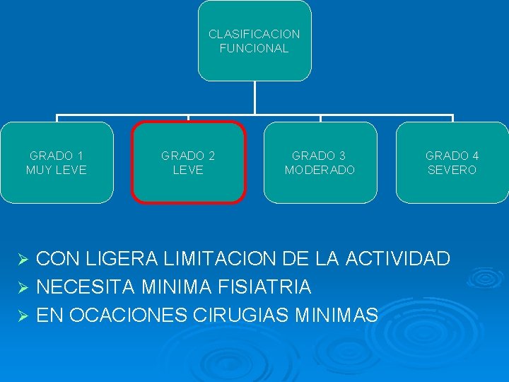 CLASIFICACION FUNCIONAL GRADO 1 MUY LEVE GRADO 2 LEVE GRADO 3 MODERADO GRADO 4