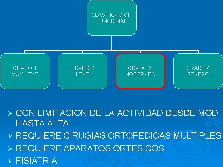 CLASIFICACION FUNCIONAL GRADO 1 MUY LEVE GRADO 2 LEVE GRADO 3 MODERADO GRADO 4