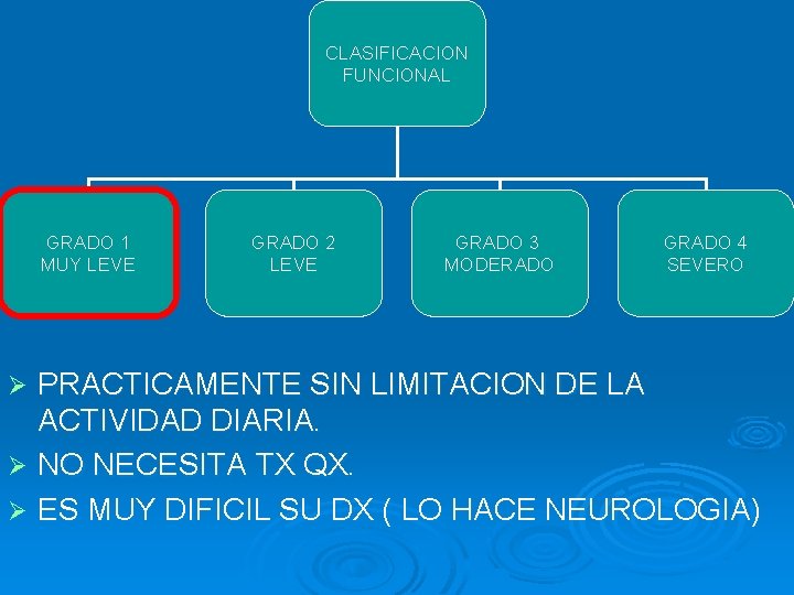 CLASIFICACION FUNCIONAL GRADO 1 MUY LEVE GRADO 2 LEVE GRADO 3 MODERADO GRADO 4