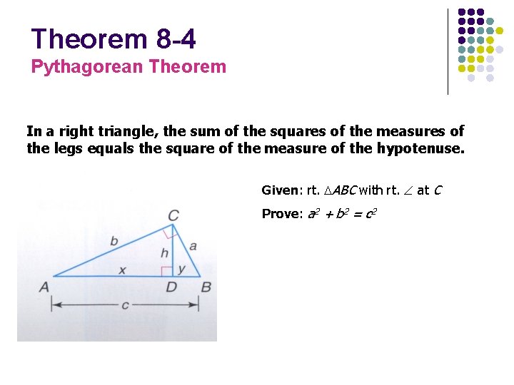 Theorem 8 -4 Pythagorean Theorem In a right triangle, the sum of the squares