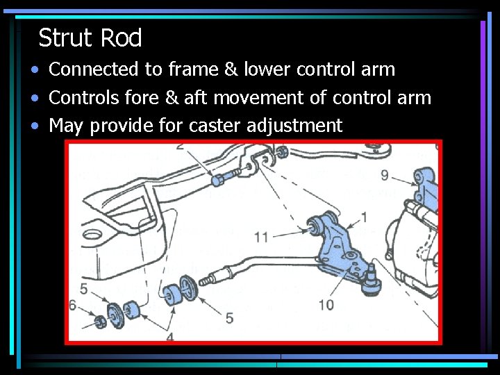 Strut Rod • Connected to frame & lower control arm • Controls fore &