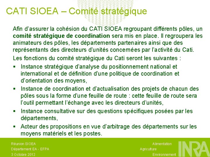 CATI SIOEA – Comité stratégique Afin d’assurer la cohésion du CATI SIOEA regroupant différents