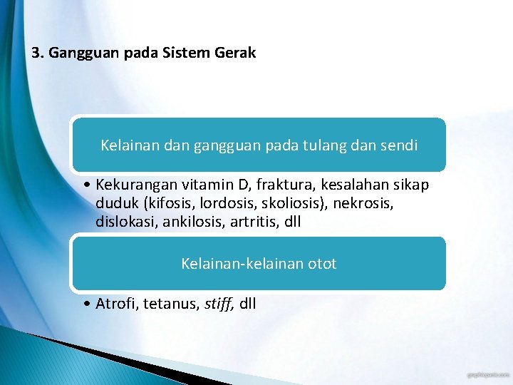 3. Gangguan pada Sistem Gerak Kelainan dan gangguan pada tulang dan sendi • Kekurangan