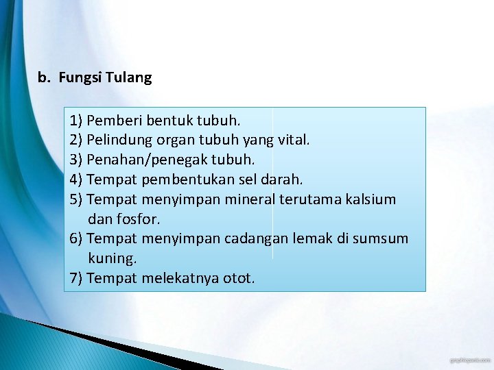 b. Fungsi Tulang 1) Pemberi bentuk tubuh. 2) Pelindung organ tubuh yang vital. 3)