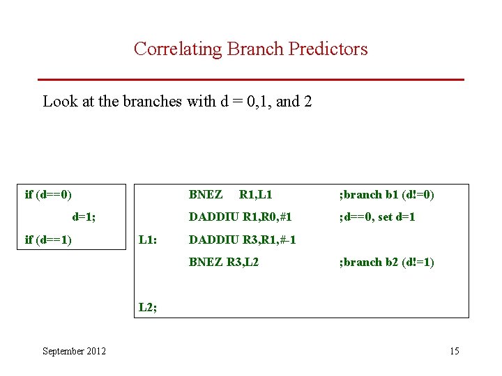 Correlating Branch Predictors Look at the branches with d = 0, 1, and 2
