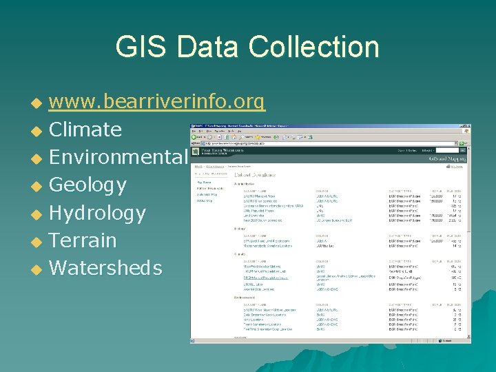 GIS Data Collection www. bearriverinfo. org u Climate u Environmental u Geology u Hydrology