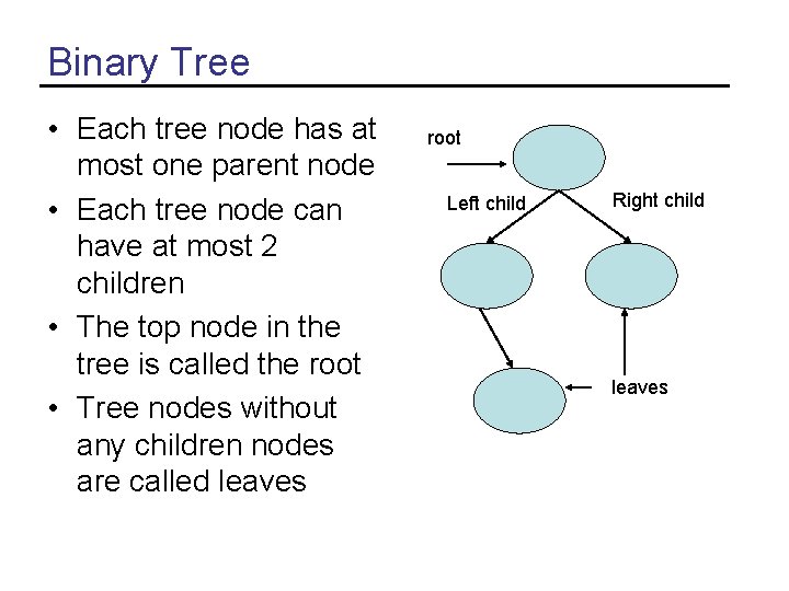 Binary Tree • Each tree node has at most one parent node • Each