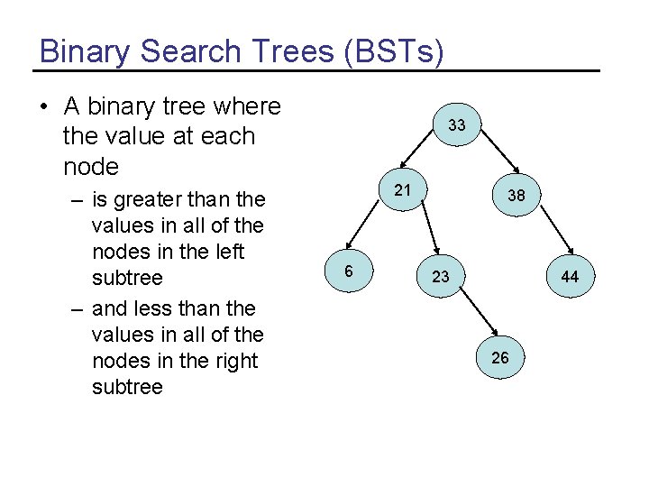 Binary Search Trees (BSTs) • A binary tree where the value at each node