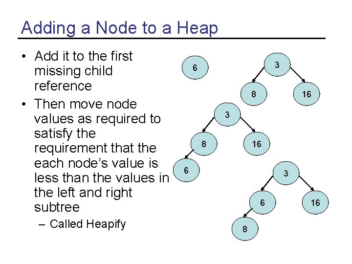Adding a Node to a Heap • Add it to the first missing child