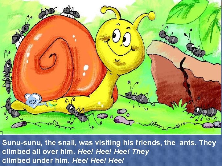 Sunu-sunu, the snail, was visiting his friends, the ants. They climbed all over him.