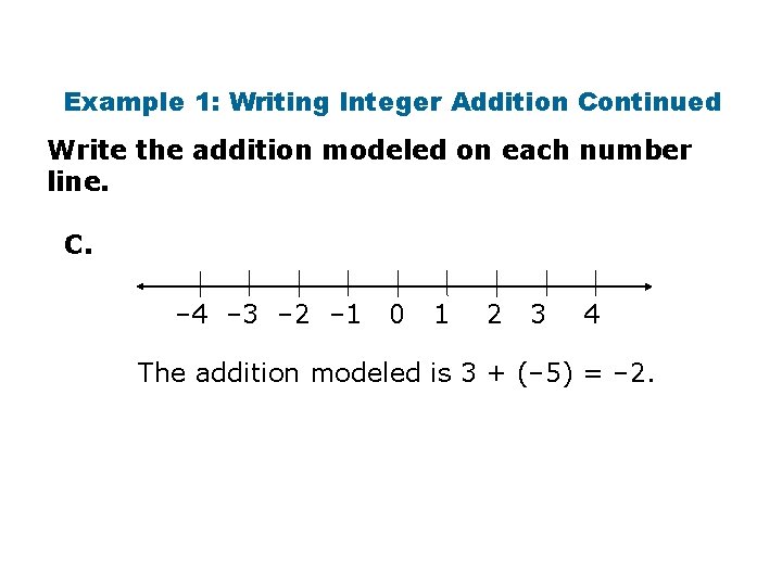 Example 1: Writing Integer Addition Continued Write the addition modeled on each number line.