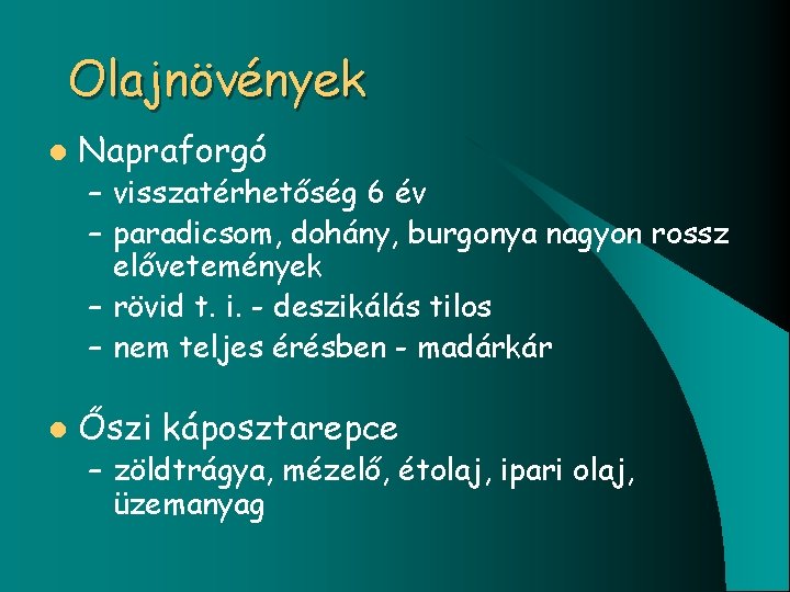 Olajnövények l Napraforgó – visszatérhetőség 6 év – paradicsom, dohány, burgonya nagyon rossz elővetemények
