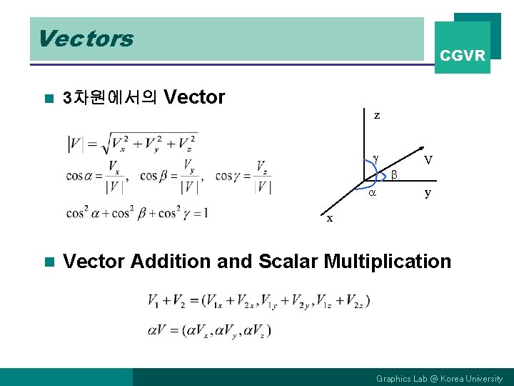Vectors n CGVR 3차원에서의 Vector z V y x n Vector Addition and Scalar