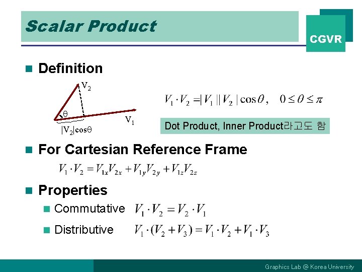 Scalar Product n CGVR Definition V 2 |V 2|cos V 1 Dot Product, Inner