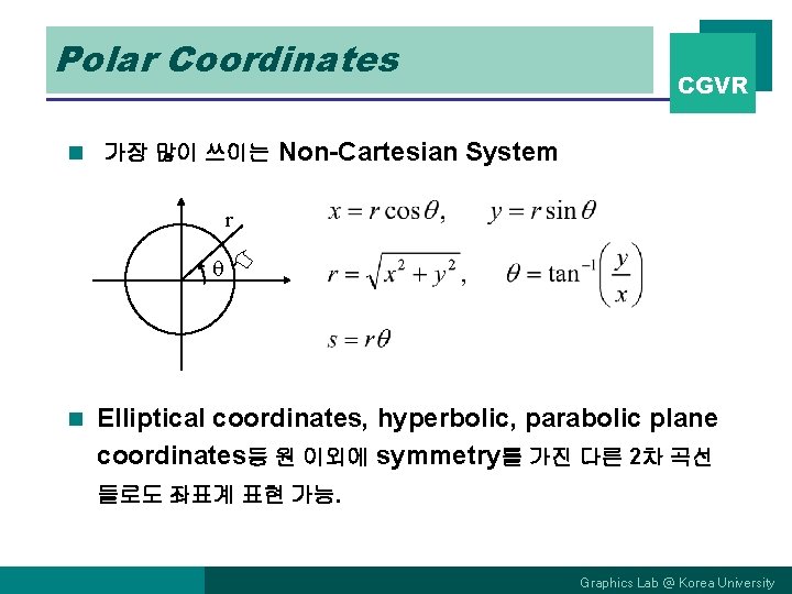 Polar Coordinates n 가장 많이 쓰이는 CGVR Non-Cartesian System r n Elliptical coordinates, hyperbolic,