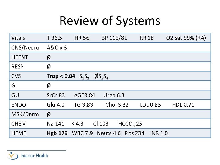 Review of Systems Vitals T 36. 5 HR 56 CNS/Neuro A&O x 3 HEENT