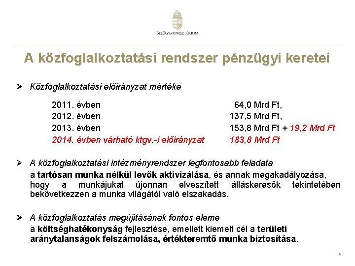 A közfoglalkoztatási rendszer pénzügyi keretei Ø Közfoglalkoztatási előirányzat mértéke 2011. évben 2012. évben 2013.