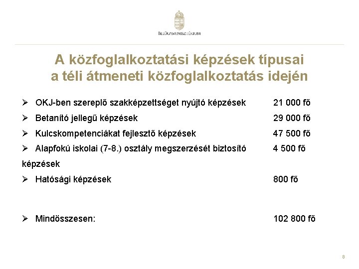 A közfoglalkoztatási képzések típusai a téli átmeneti közfoglalkoztatás idején Ø OKJ-ben szereplő szakképzettséget nyújtó