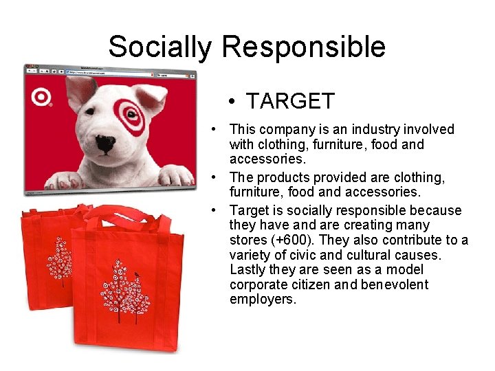 Socially Responsible • TARGET • This company is an industry involved with clothing, furniture,