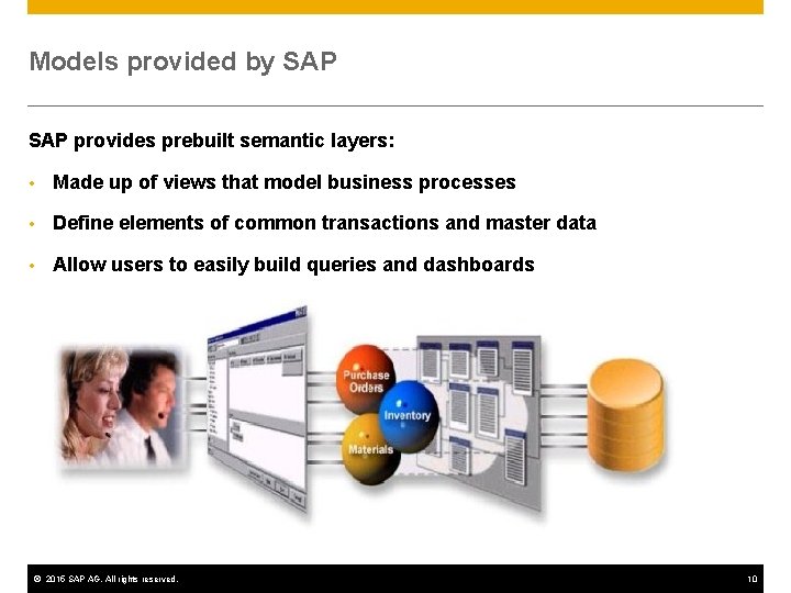 Models provided by SAP provides prebuilt semantic layers: • Made up of views that