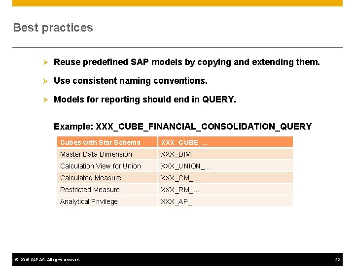 Best practices Ø Reuse predefined SAP models by copying and extending them. Ø Use