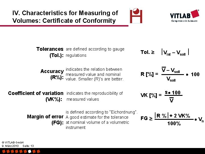 IV. Characteristics for Measuring of Volumes: Certificate of Conformity Tolerances are defined according to