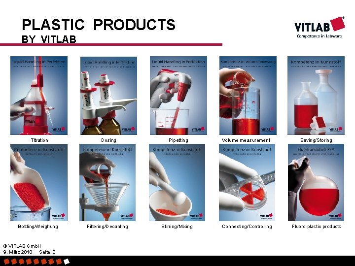 PLASTIC PRODUCTS BY VITLAB Titration Dosing Pipetting Volume measurement Saving/Storing Bottling/Weighung Filtering/Decanting Stirring/Mixing Connecting/Controlling