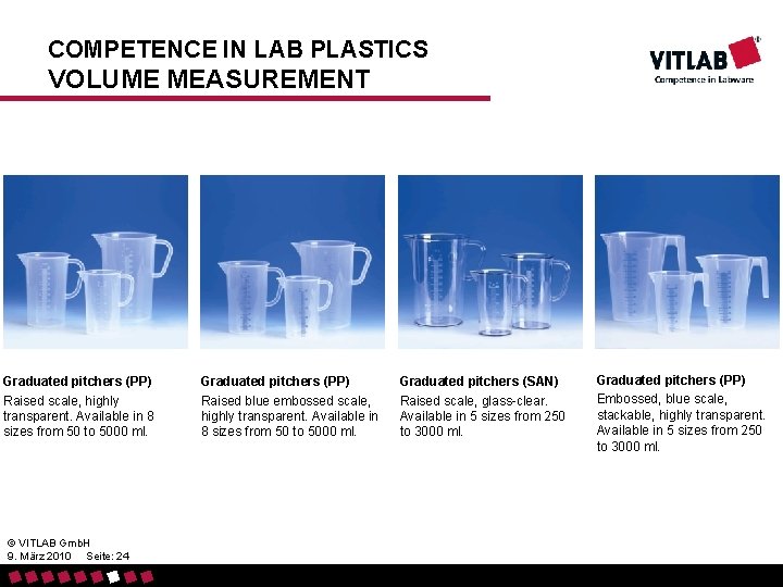 COMPETENCE IN LAB PLASTICS VOLUME MEASUREMENT Graduated pitchers (PP) Raised scale, highly transparent. Available