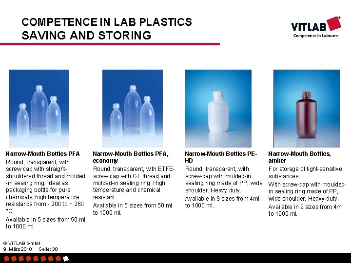 COMPETENCE IN LAB PLASTICS SAVING AND STORING Narrow-Mouth Bottles PFA Round, transparent, with screw