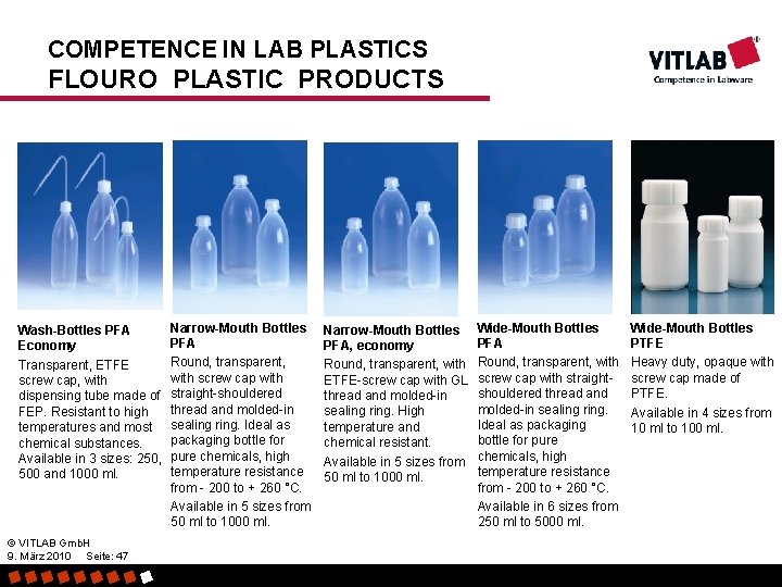 COMPETENCE IN LAB PLASTICS FLOURO PLASTIC PRODUCTS Wash-Bottles PFA Economy Transparent, ETFE screw cap,