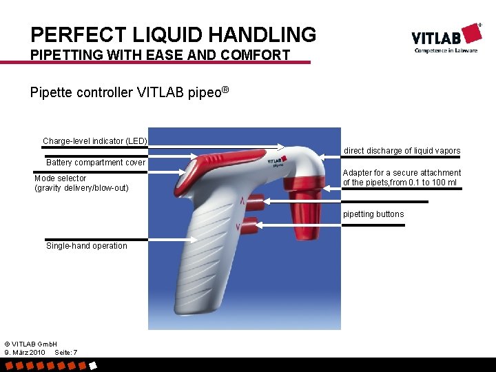 PERFECT LIQUID HANDLING PIPETTING WITH EASE AND COMFORT Pipette controller VITLAB pipeo® Charge-level indicator