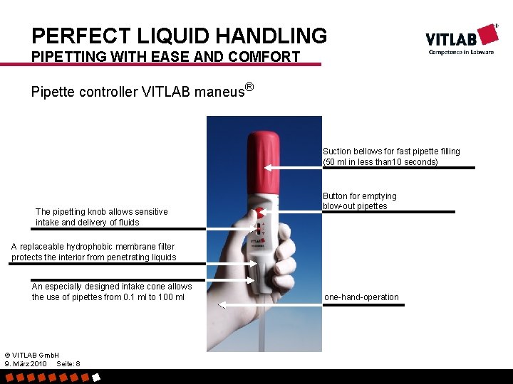 PERFECT LIQUID HANDLING PIPETTING WITH EASE AND COMFORT Pipette controller VITLAB maneus® Suction bellows