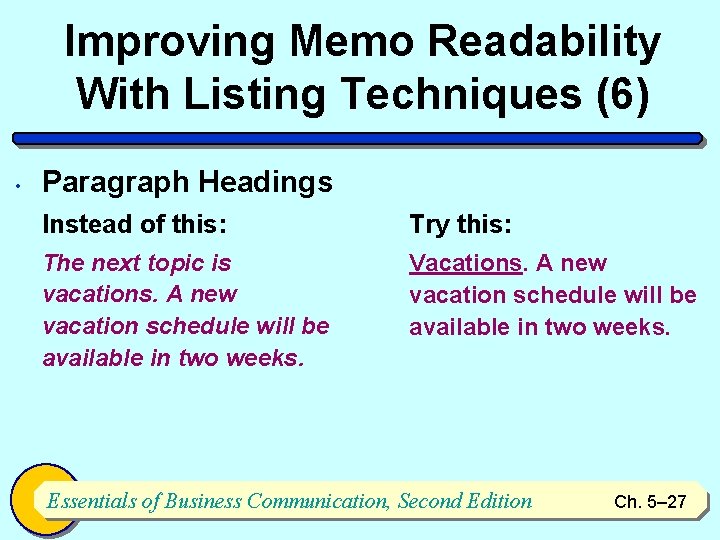 Improving Memo Readability With Listing Techniques (6) • Paragraph Headings Instead of this: Try