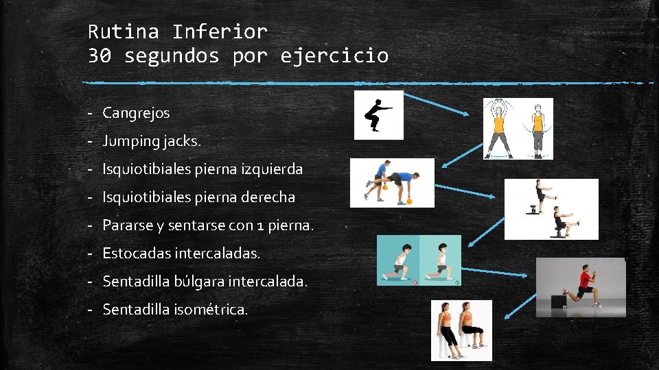Rutina Inferior 30 segundos por ejercicio - Cangrejos - Jumping jacks. - Isquiotibiales pierna