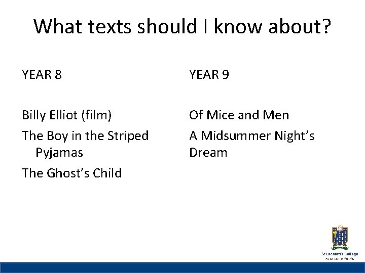 What texts should I know about? St Leonard’s College YEAR 8 Subheading if needed