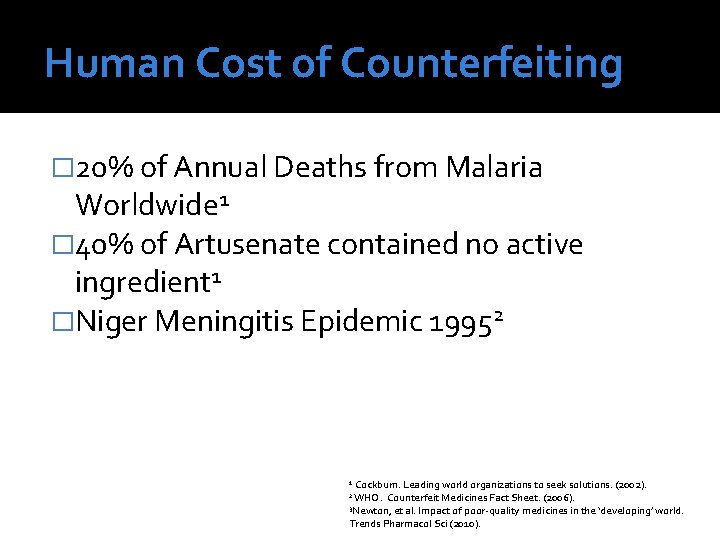 Human Cost of Counterfeiting � 20% of Annual Deaths from Malaria Worldwide 1 �