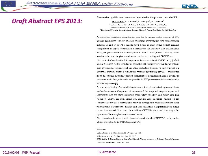 Draft Abstract EPS 2013: 2013/02/08 WIP, Frascati G Artaserse 28 