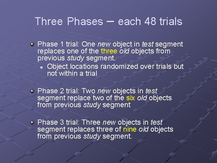 Three Phases – each 48 trials Phase 1 trial: One new object in test